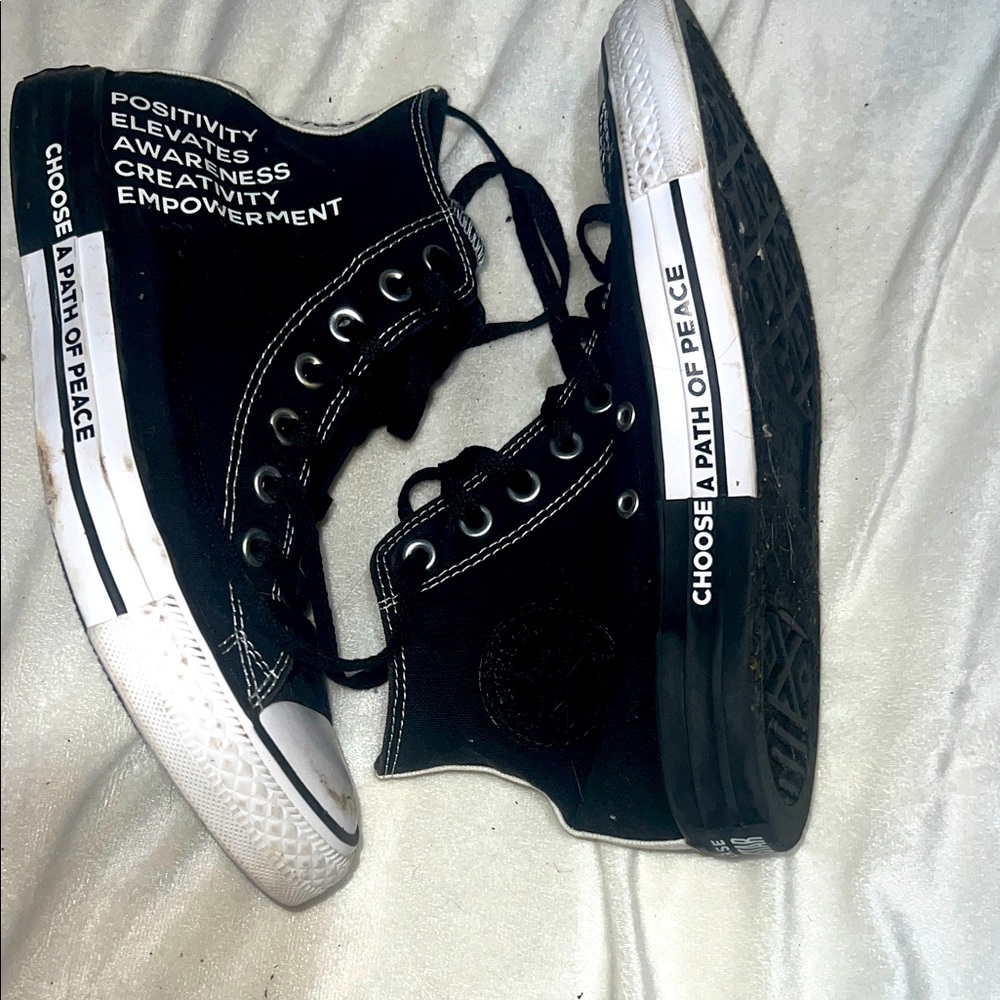 Converse Black High-Top Sneakers with Peace Message